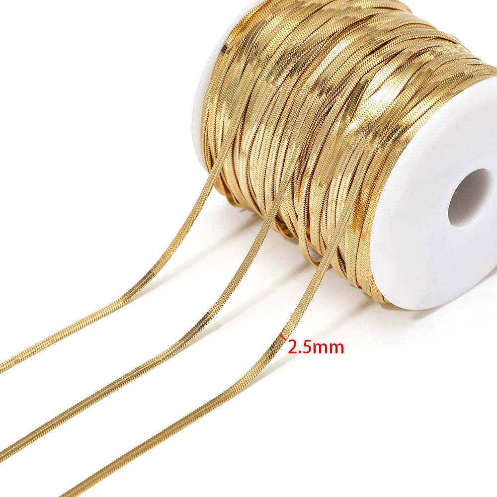 Gold flat snake chain cord, 2.5mm width, on white spool