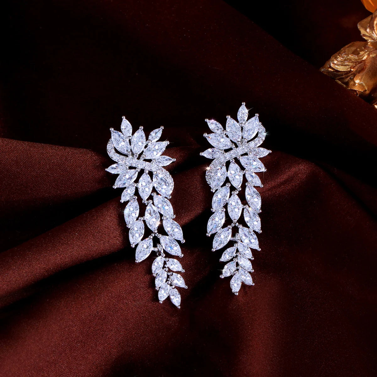 Fashion Full Cubic Zirconia Leaf Long Dangle Earrings CZ Wedding Prom Jewelry For Women