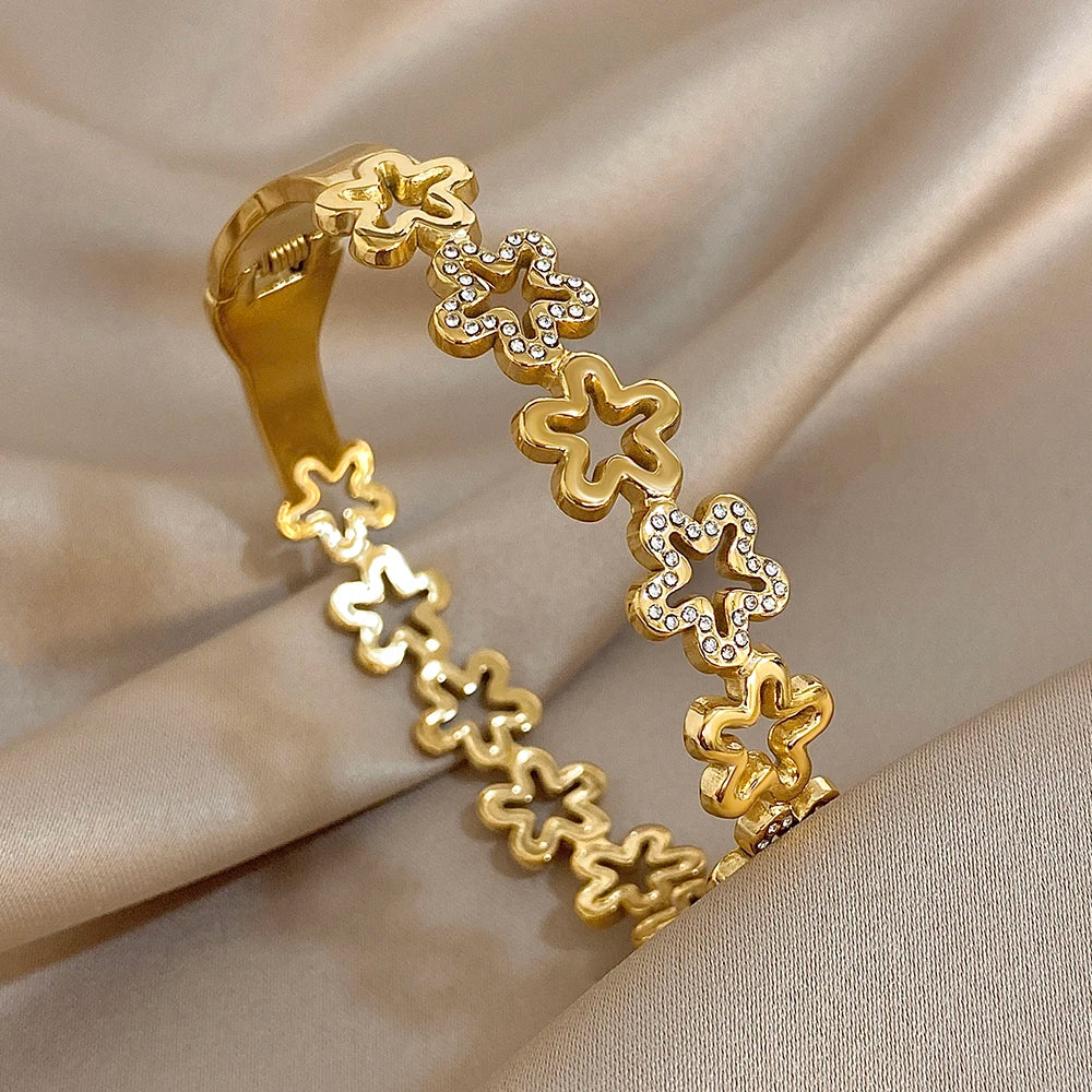 Irregular Zircon Flowers Stainless Steel Bracelet for Women Stylish Gold Plated Cuff Bangle Bracelets Waterproof Jewelry