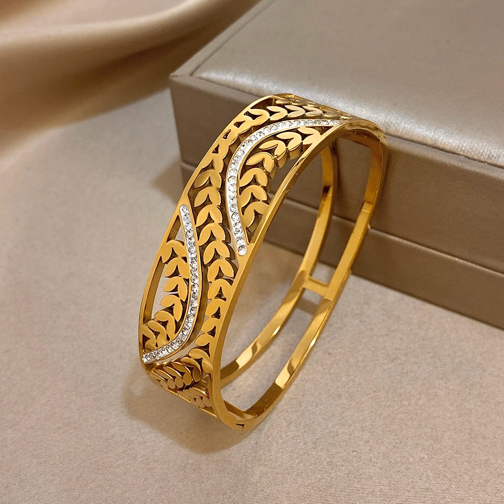 Exquisite Zirconia Wheat Wrist Bracelet for Women Trendy Gold Plated Stainless Steel Cuff Bangle Bracelets Waterproof Jewelry