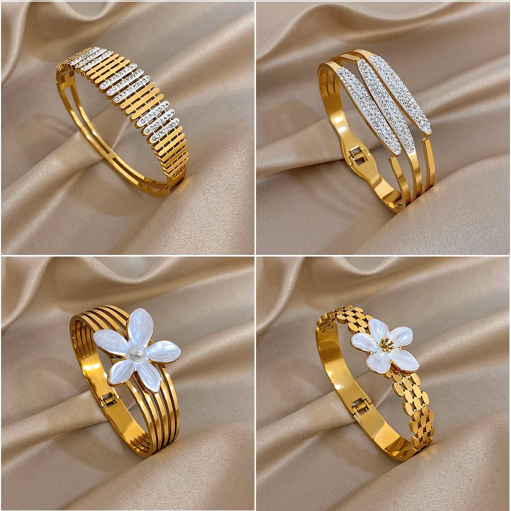 Exquisite Enamel Flower Cuff Bangle for Women Glossy Rhinestone Gold Plated Stainless Steel Waterproof Bracelets Party Jewelry