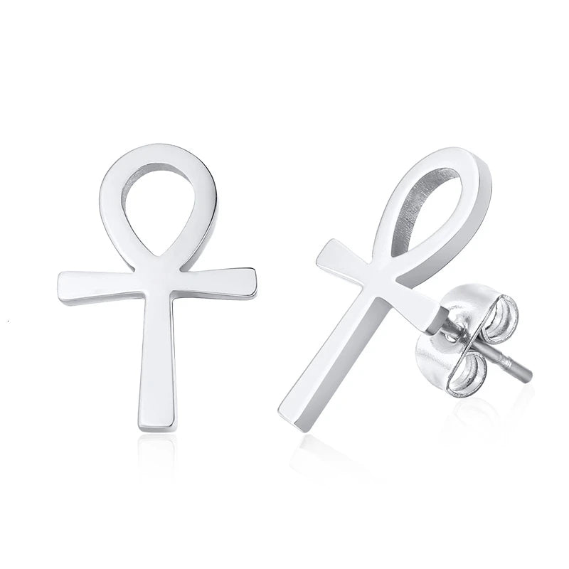 Silver ankh cross stud earrings with post back pair