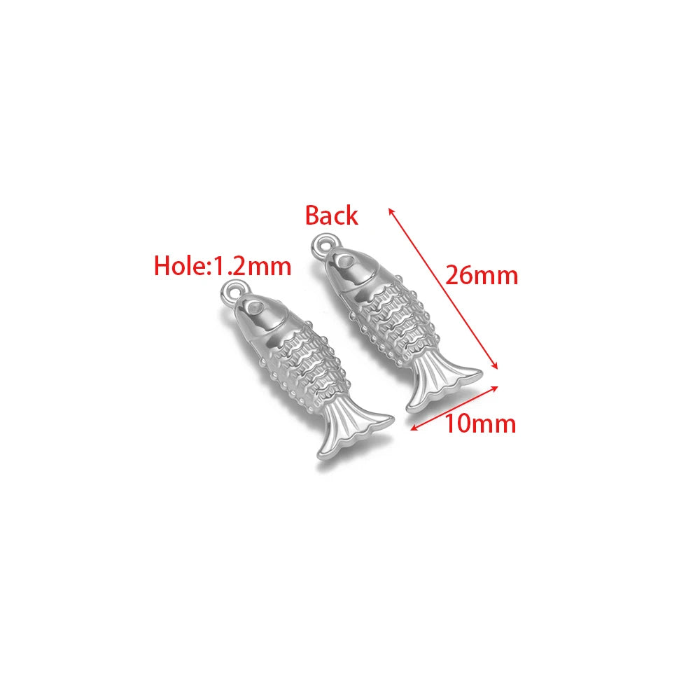 Silver-tone 3D fish charms, two solid fish pendants with attachment loops