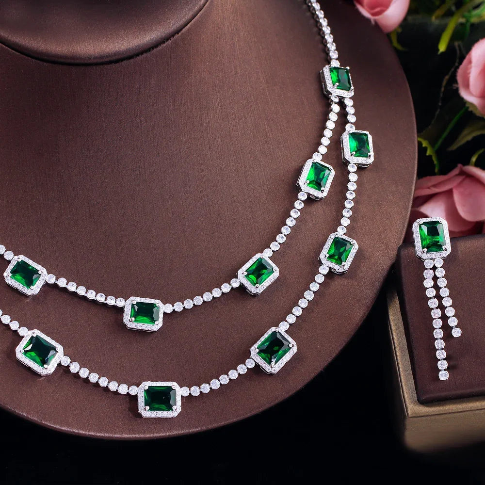 Green CZ rectangular stones on double-layer necklace with beaded drop earrings