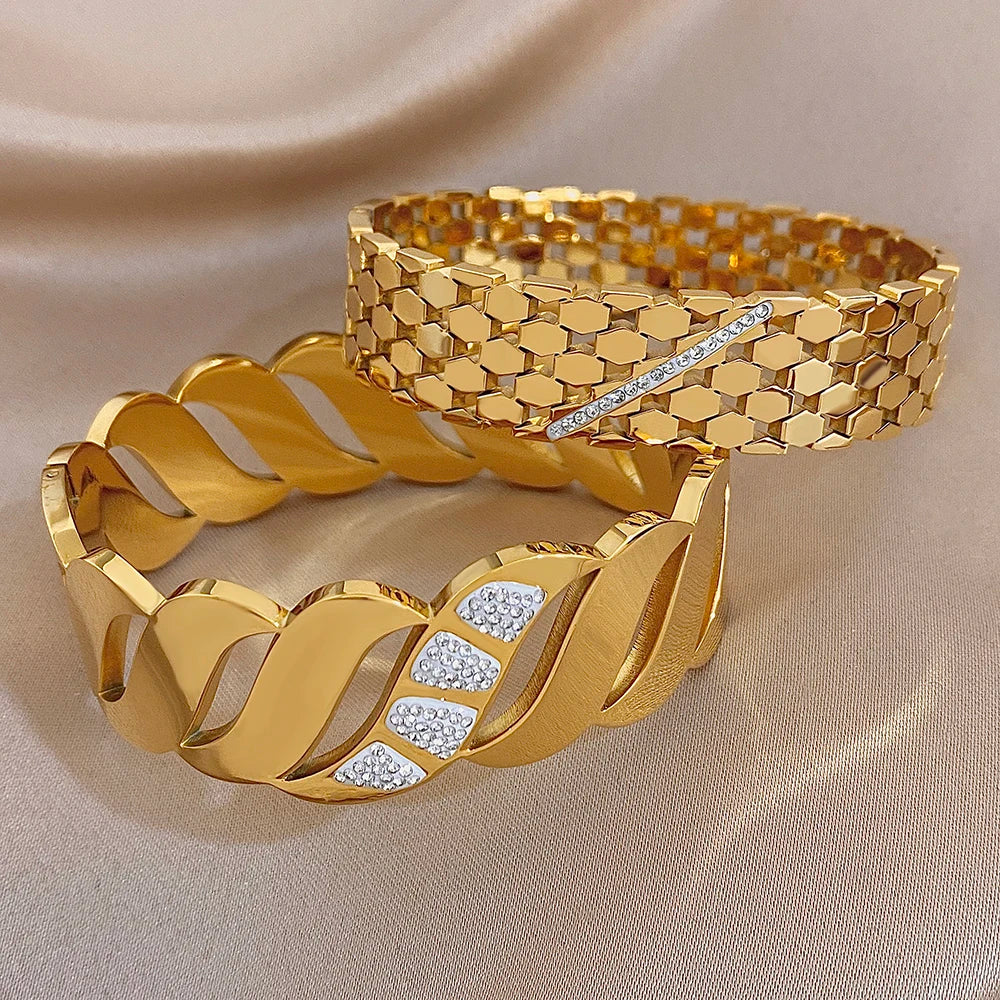Luxury Rhinestone Stainless Steel Cuff Bracelet for Women Trendy Zircon Geometric Gold Color Wide Bangles Waterproof Jewelry Set