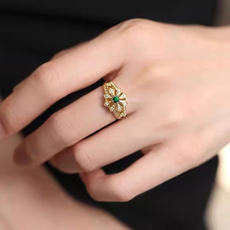 Green Cubic Zirconia Aesthetic Flower Rings For Women Wedding Anniversary Gift