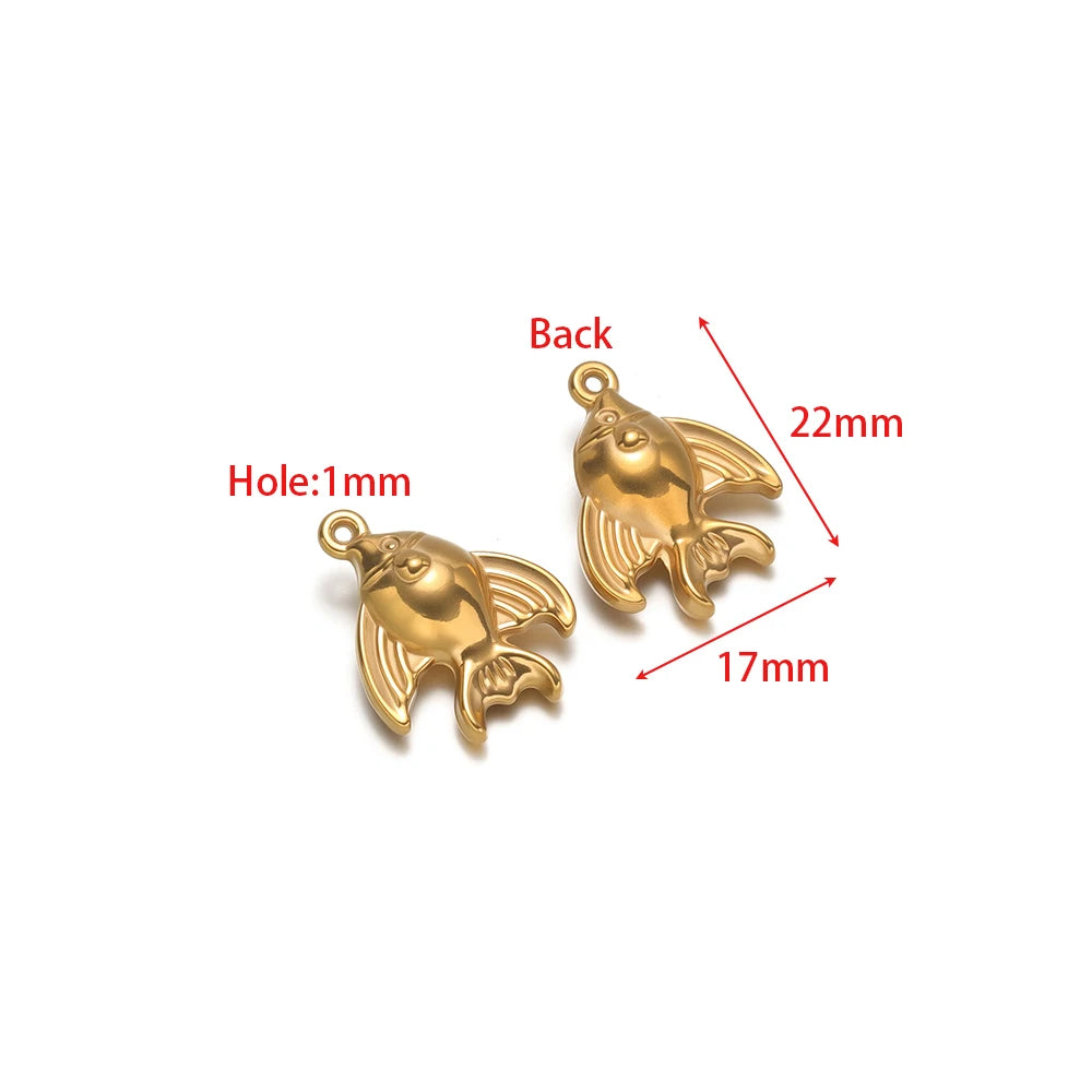 Gold fish charm pendant pair, 3D metallic dolphin-like fish shape with loop bail