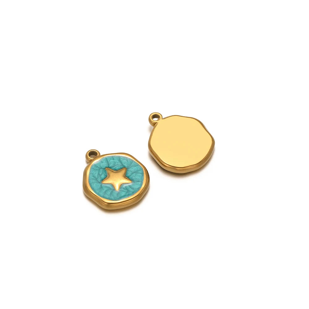 Two gold-tone enamel charms: teal star motif and plain gold heart pendant