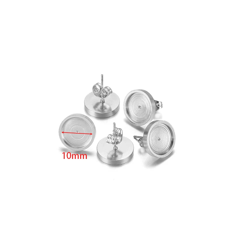 Stainless steel stud earring bases, 10mm flat cabochon settings (20 pcs)