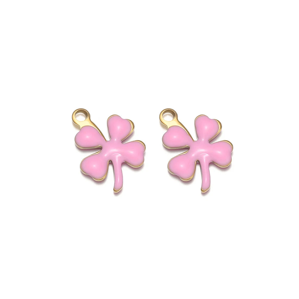 Pink enamel clover flower charms with gold-tone loop for DIY jewelry making