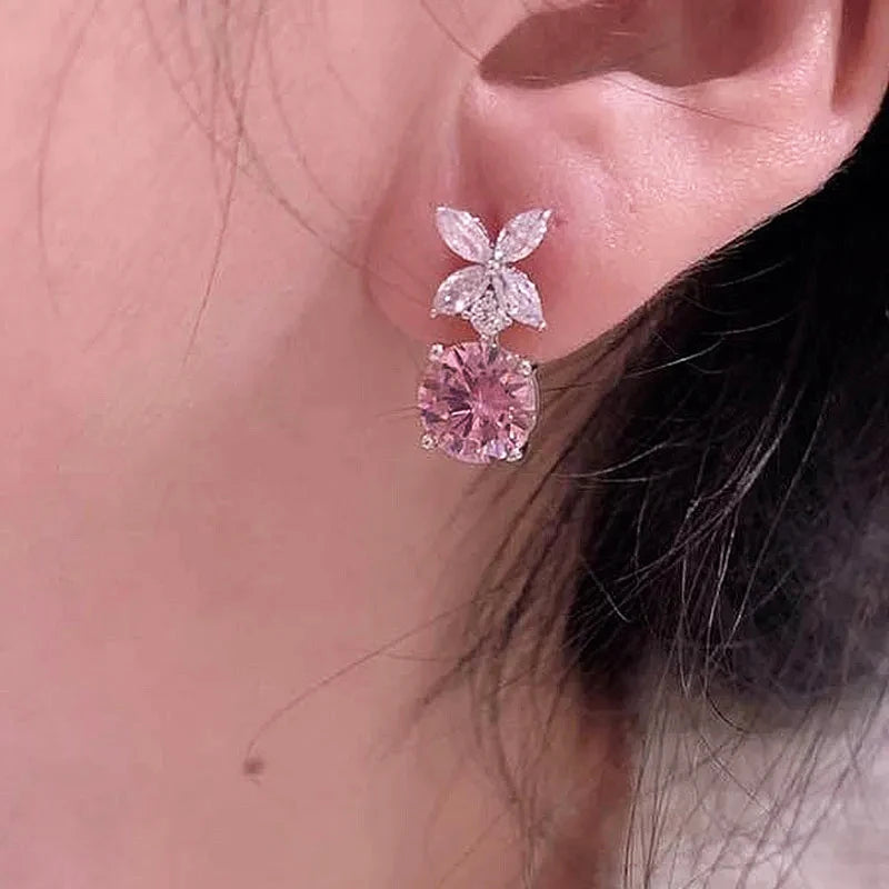 Silver Color Pink Cubic Zirconia Flower Dangle Earrings for Women m32
