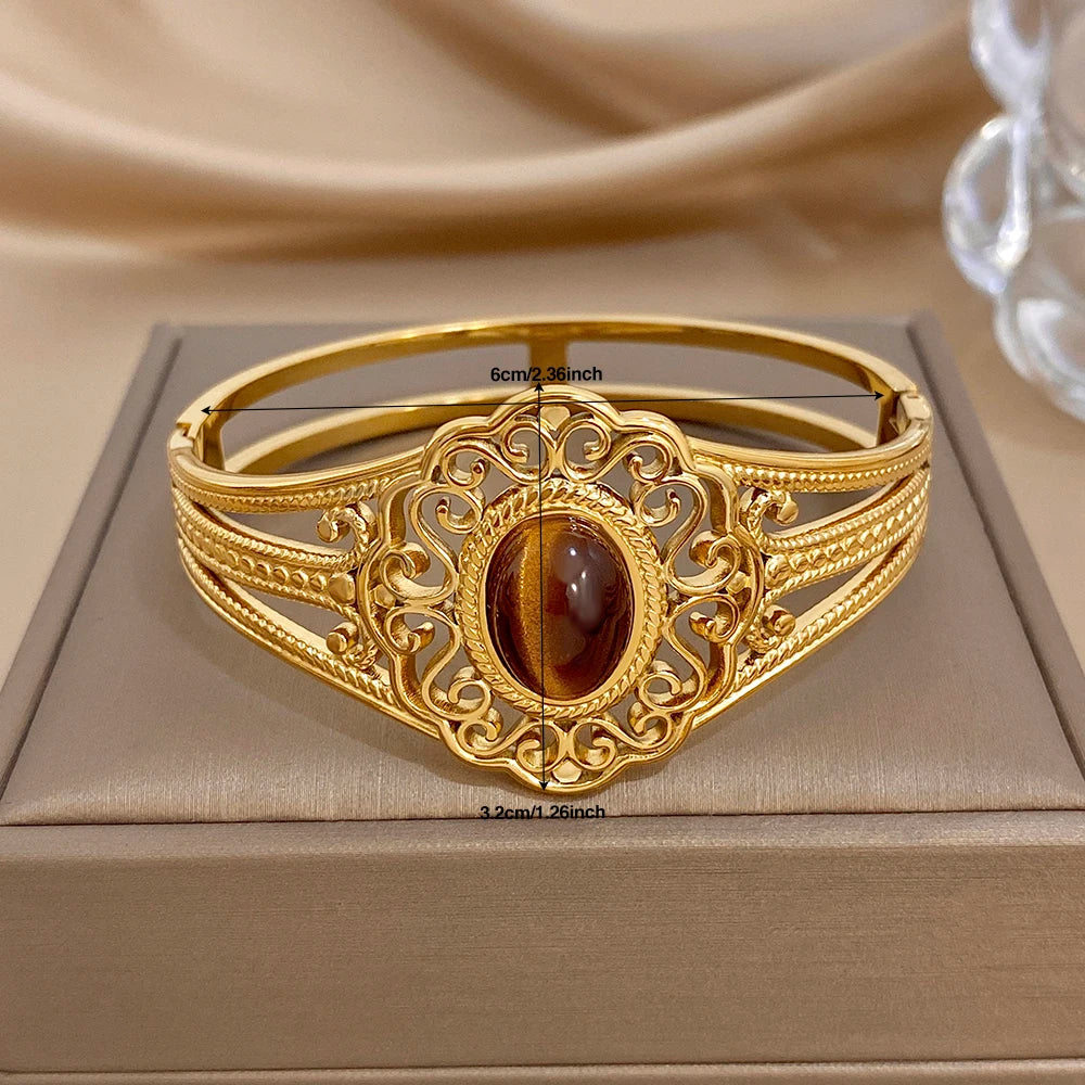 Retro Gold Plated Stainless Steel Cuff Bangle for Women Exaggerated Carved Flower Tiger's Eye Stone Bracelets Waterproof Jewelry