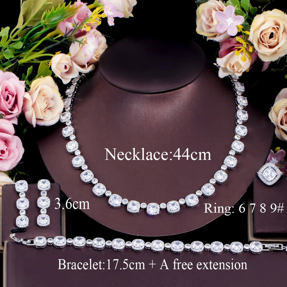 Cubic zirconia square jewelry set: necklace, bracelet, ring, and hoop earrings