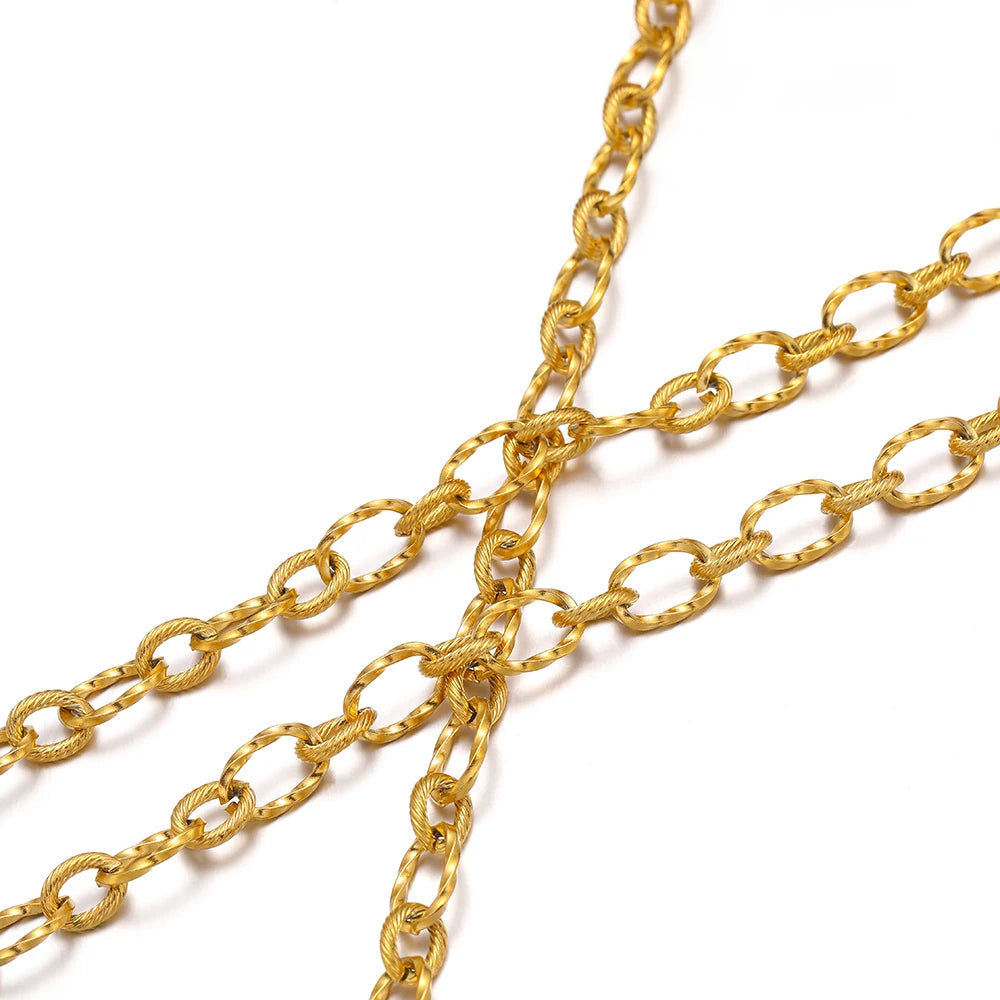 Close-up of gold rolo cable chain links with interlocking oval loops