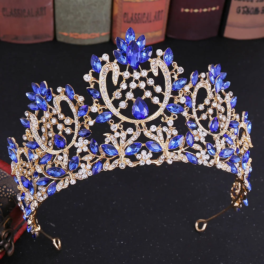 Gold Color Champagne Crystal Pageant Crowns for Women Queen Diadem Bridal Tiaras Large Headpiece Wedding Hair Accessories