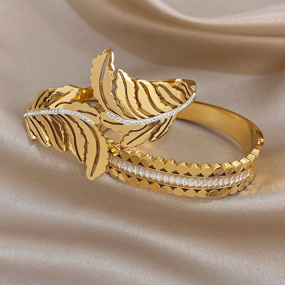 Chunky Gold Plated Stainless Steel Cuff Bangle for Women Men Glossy Leaf Feather Zircon Wide Bangle Bracelets Waterproof Jewelry