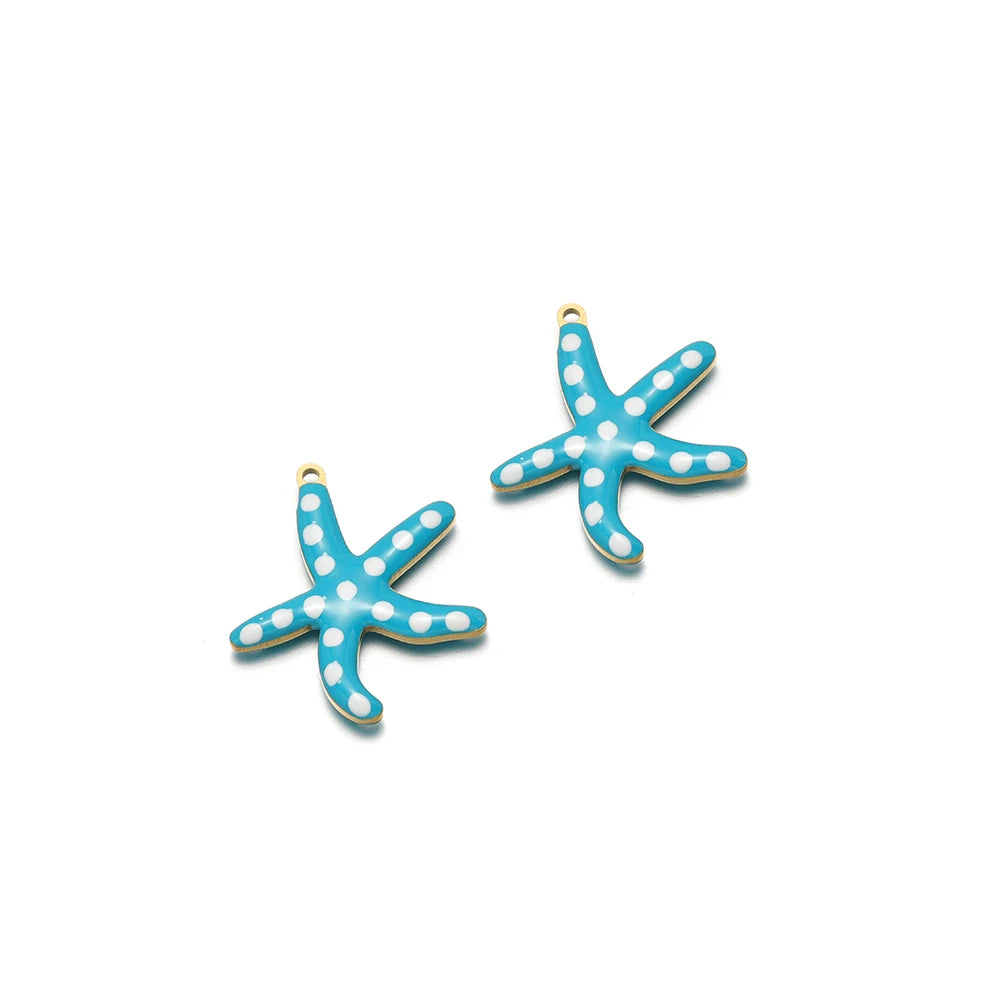 Turquoise enamel starfish charm with white dots and gold loop, set of 2