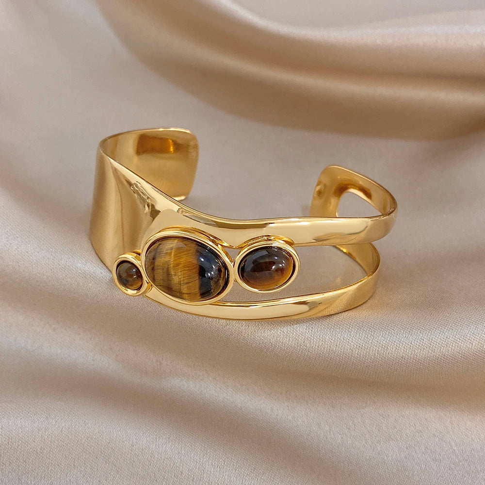 Retro Tiger Eye Stone Beads Cuff Bangle for Women Glossy Geometric Gold Plated Stainless Steel Wide Bracelets Waterproof Jewelry