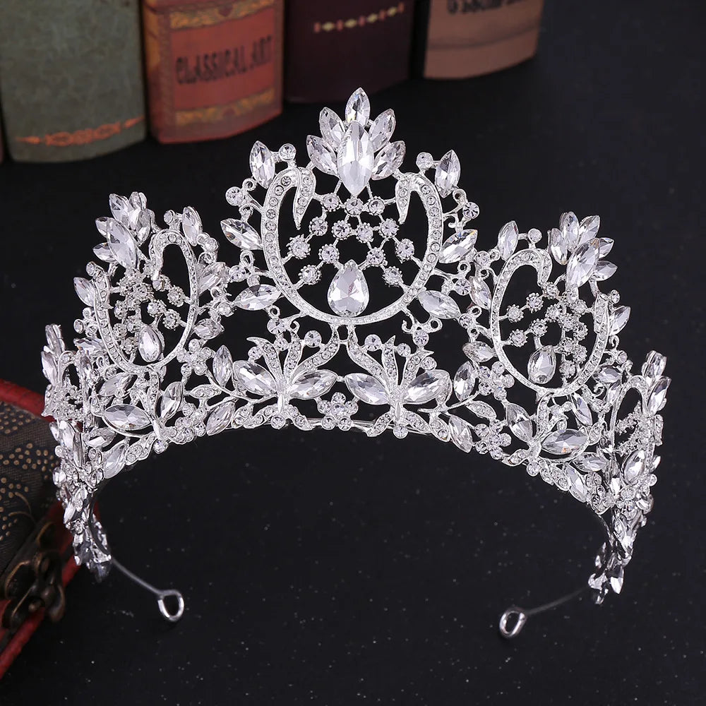 Gold Color Champagne Crystal Pageant Crowns for Women Queen Diadem Bridal Tiaras Large Headpiece Wedding Hair Accessories