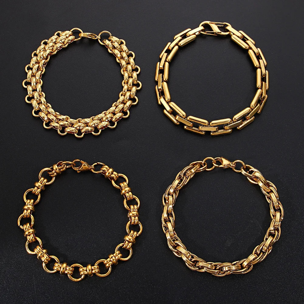 Fashion Gold Plated Stainless Steel Bracelets for Women Unique Geometric Circle Thick Chain Wrist Bracelet Waterproof Jewelry