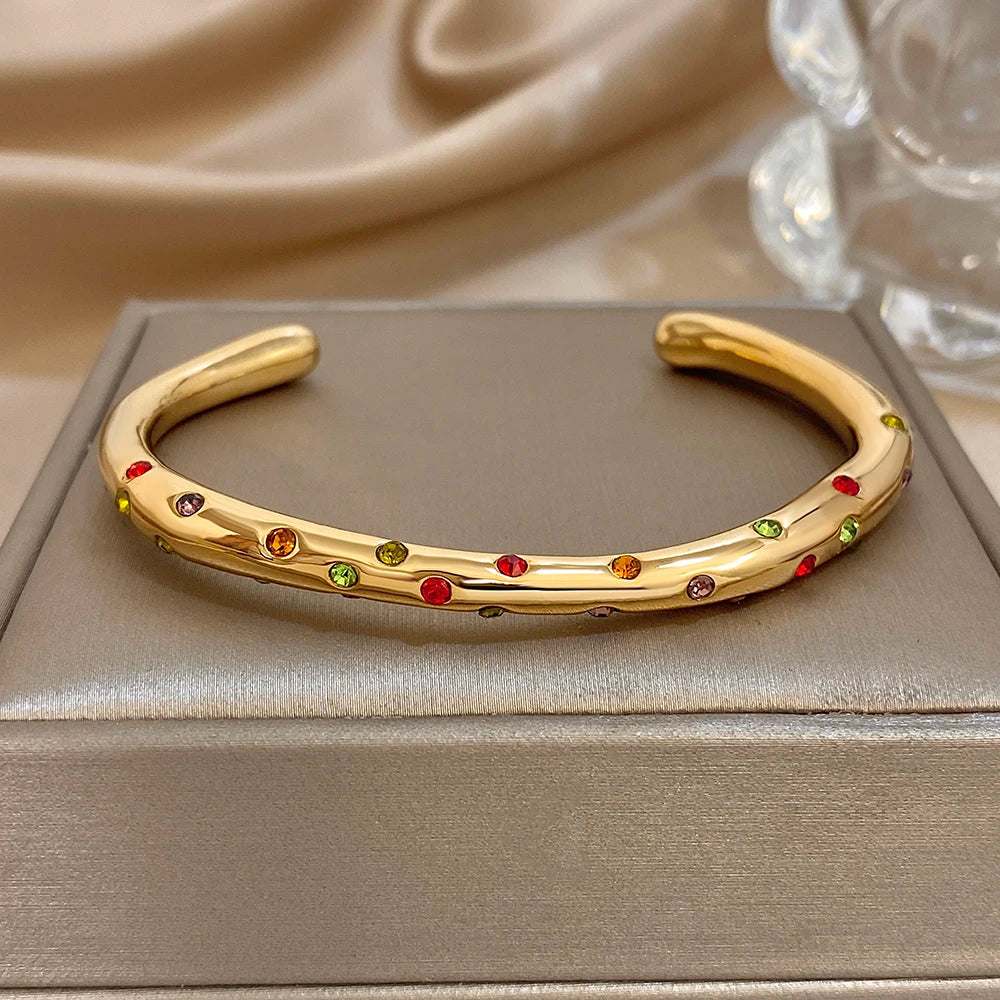 Delicate Colorful Zircon Cuff Bangle Bracelets for Women Trendy Gold Plated Stainless Steel Smooth Bangles Waterproof Jewelry