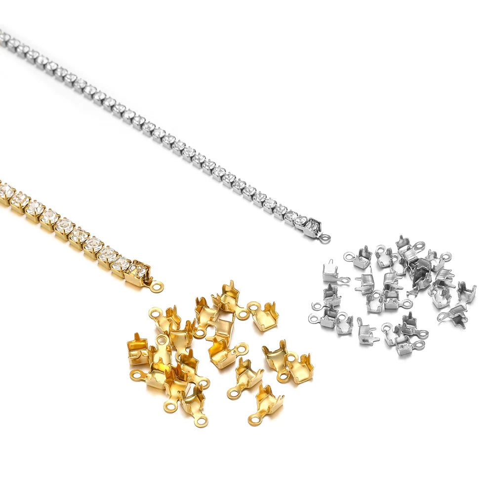 Mixed cord end crimp clasps: gold and silver tips with cubic zircon chain strands