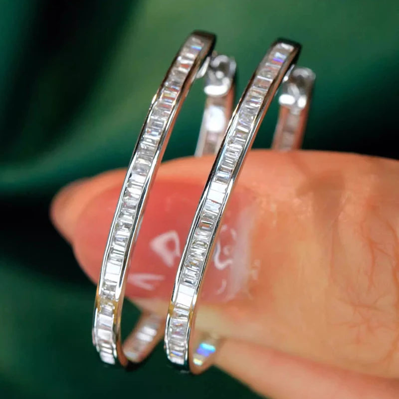 Silver Color Circle Full CZ Sparking Hoop Earrings for Women