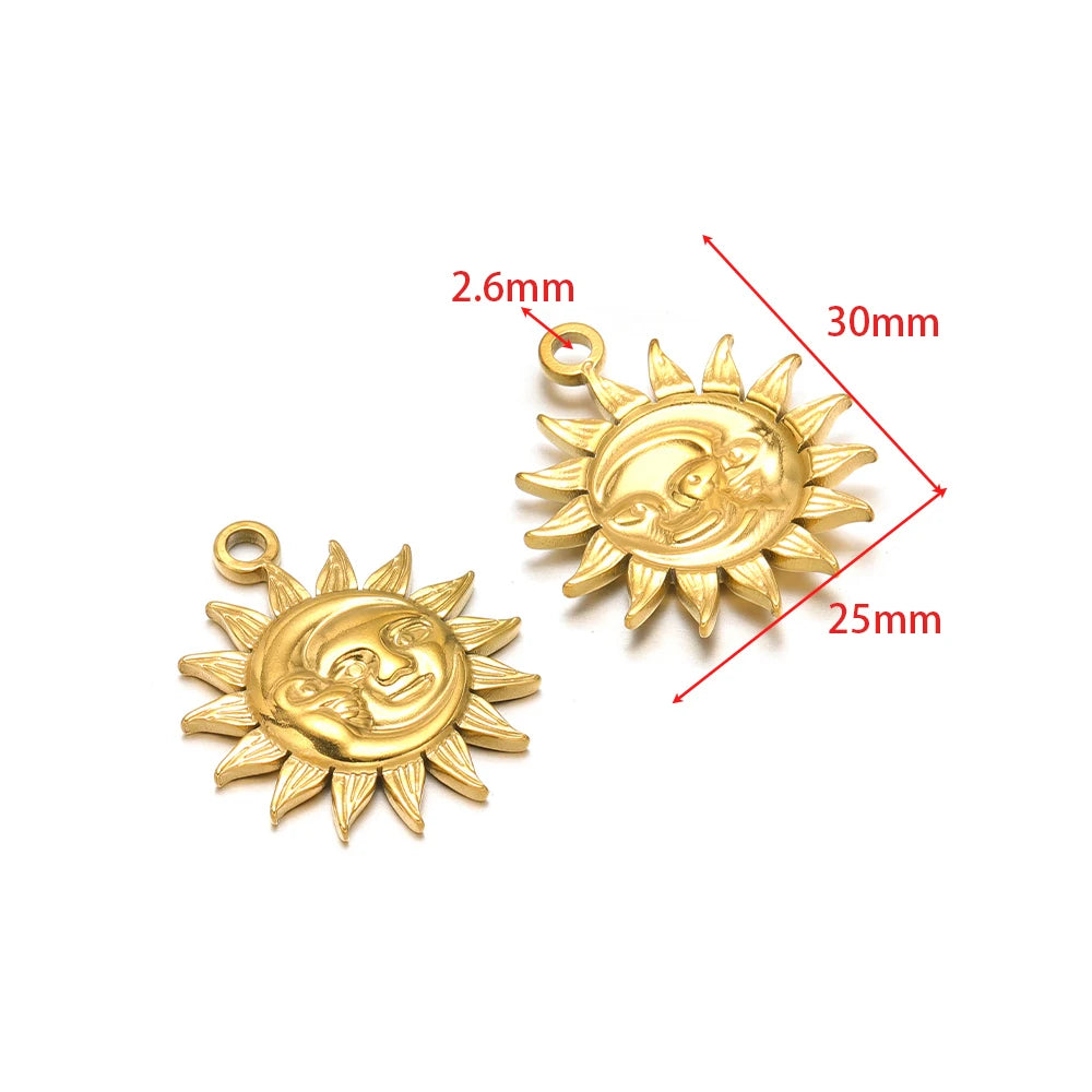 Gold smiling sun charm pendants with loop, two-piece set for DIY jewelry making