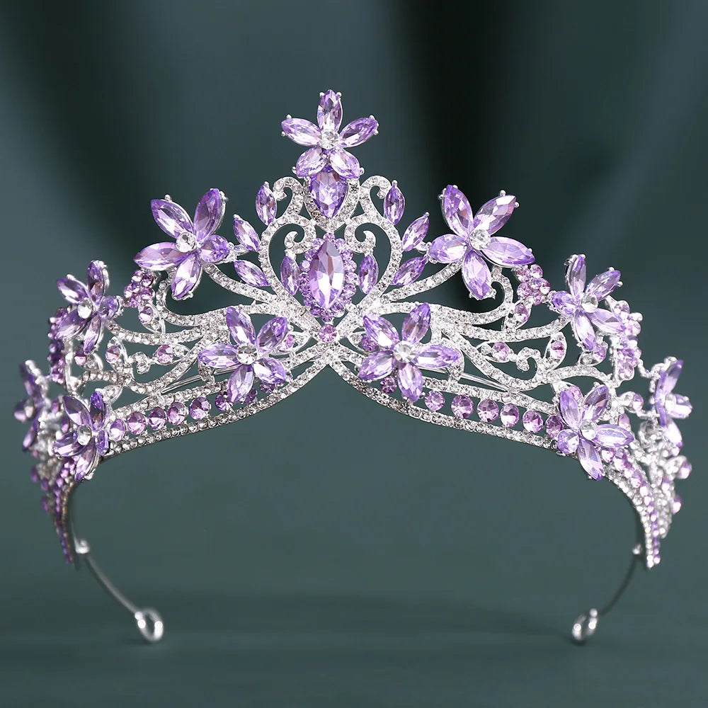 Baroque Crystal Flower Blue Opal Tiaras For Women Party Luxury Bride Diadem Rhinestone Crown Hair Accessories Jewelry