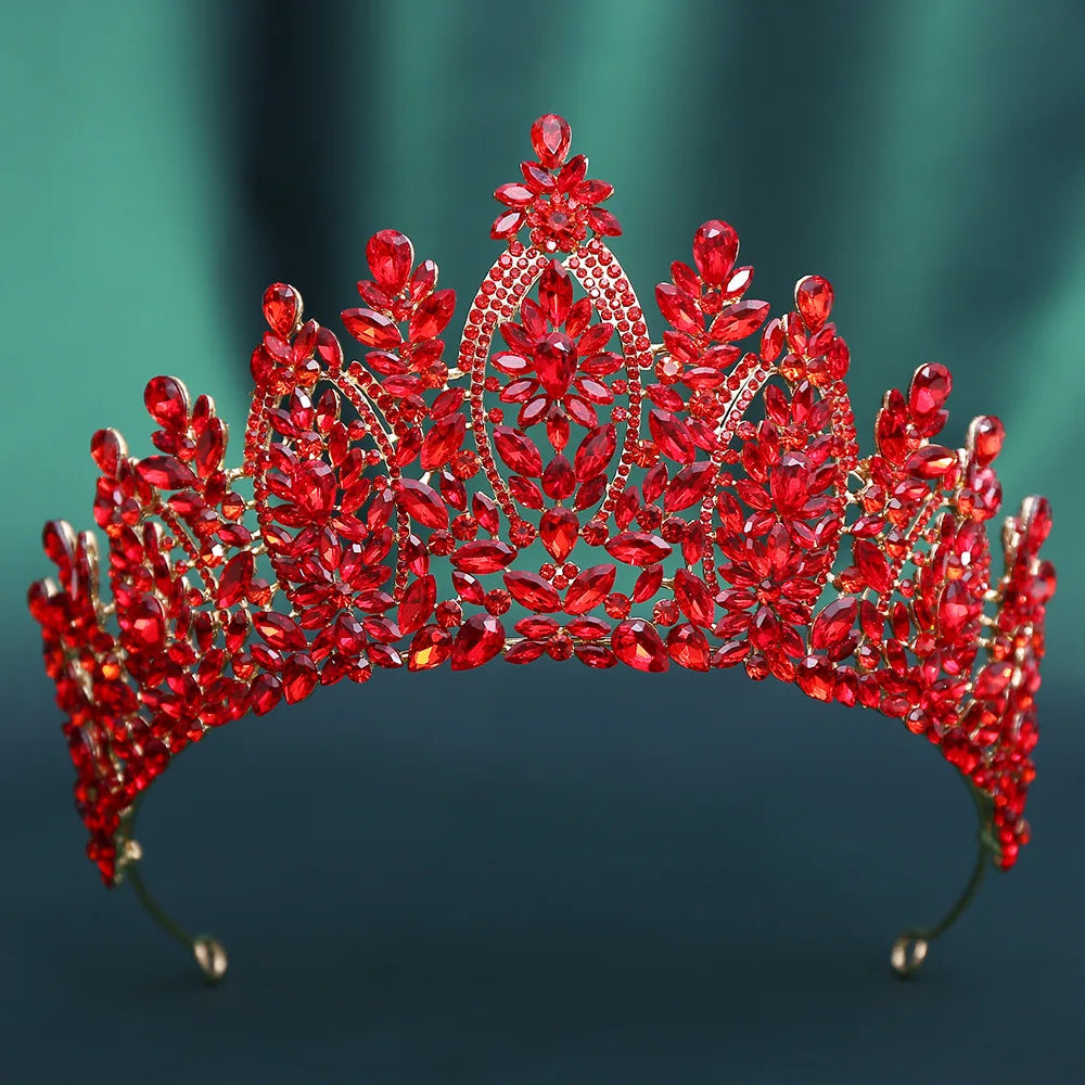 Red crystal tiara with marquise stones and floral crown arch for hair