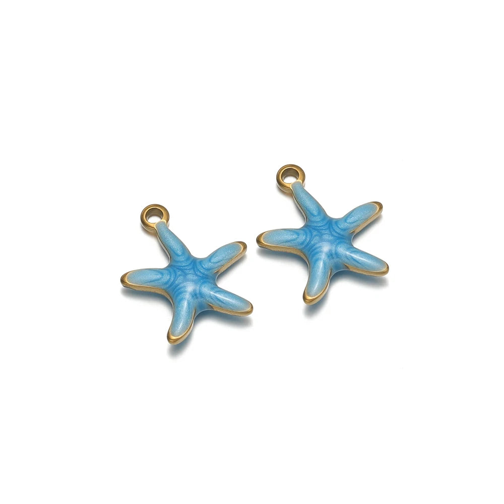Blue starfish charm pendants with gold loop, pair for DIY necklace or earring