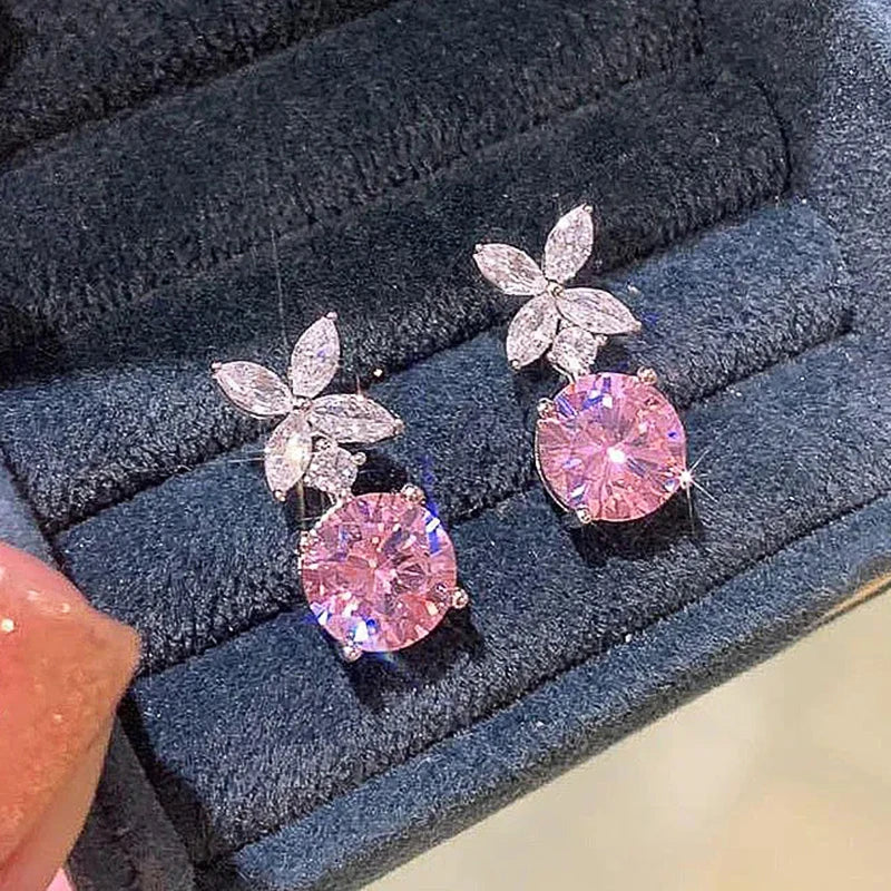 Silver Color Pink Cubic Zirconia Flower Dangle Earrings for Women m32