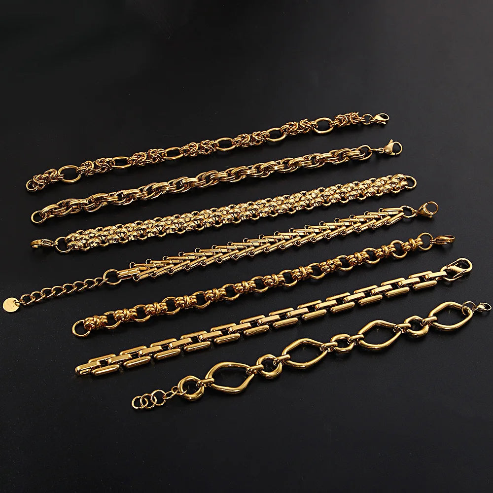 Fashion Gold Plated Stainless Steel Bracelets for Women Unique Geometric Circle Thick Chain Wrist Bracelet Waterproof Jewelry