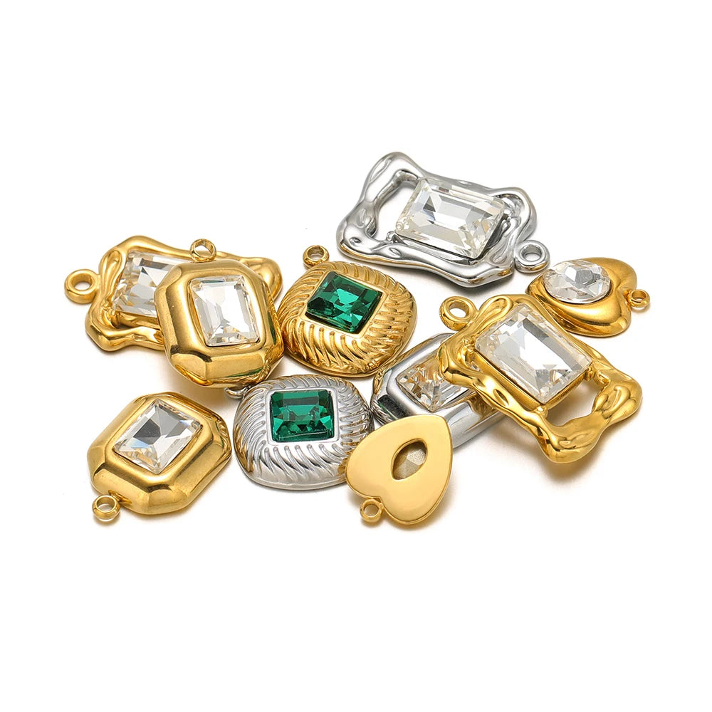Cubic square rhinestone and green gemstone charms with small hanging loops, mixed metals