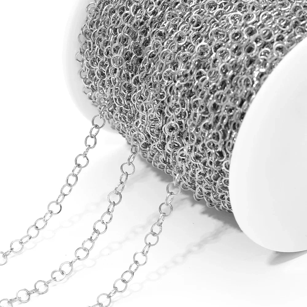 Silver stainless steel O-ring link chain, repeating oval loops for necklaces