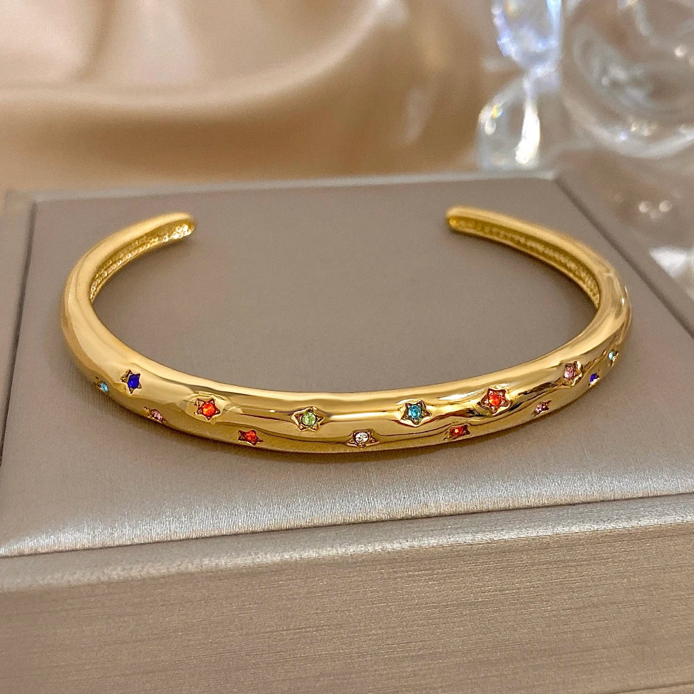 Delicate Colorful Zircon Cuff Bangle Bracelets for Women Trendy Gold Plated Stainless Steel Smooth Bangles Waterproof Jewelry