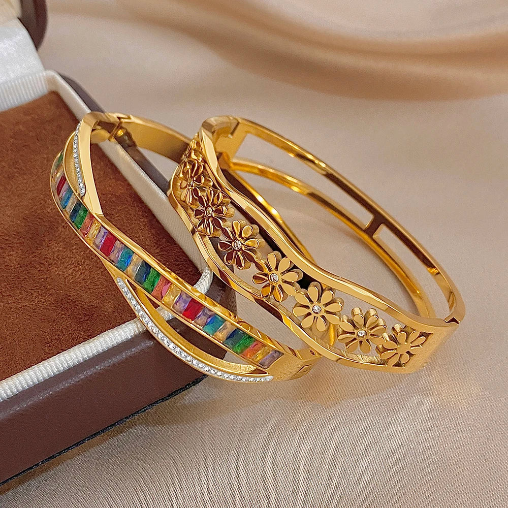 Delicate Colorful Zircon Flower Wave Wide Bracelet for Women Trendy Gold Plated Stainless Steel Cuff Bangles Waterproof Jewelry