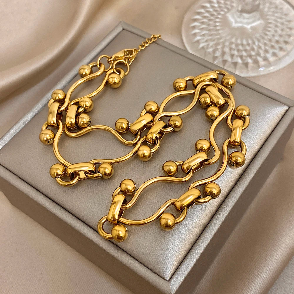 Irregular Curved Chain Beads Spliced Necklace Delicate Gold Plated Stainless Steel Choker Clavicle Necklaces Waterproof Jewelry
