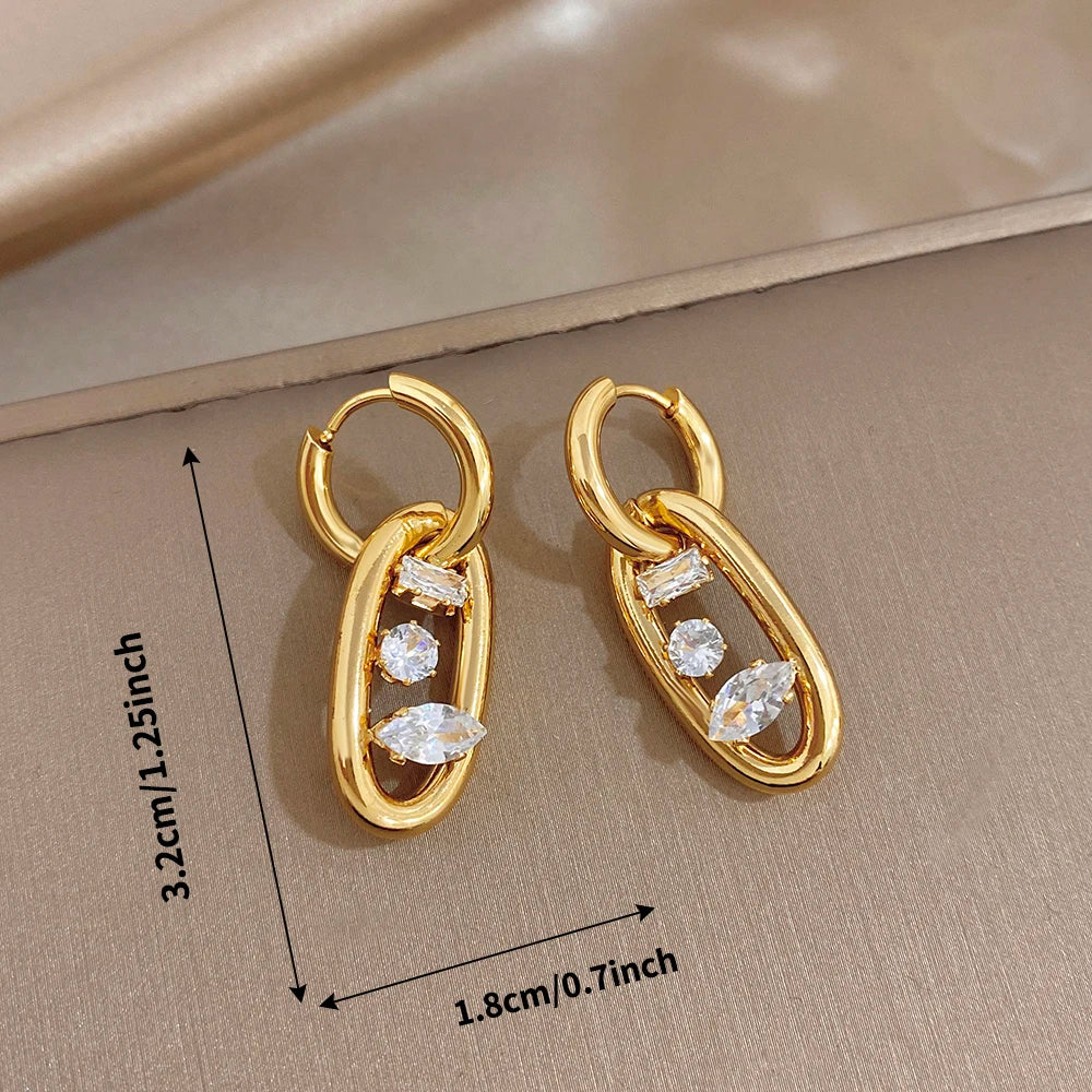 Gold-plated hoop earrings with zircon stones, size reference view