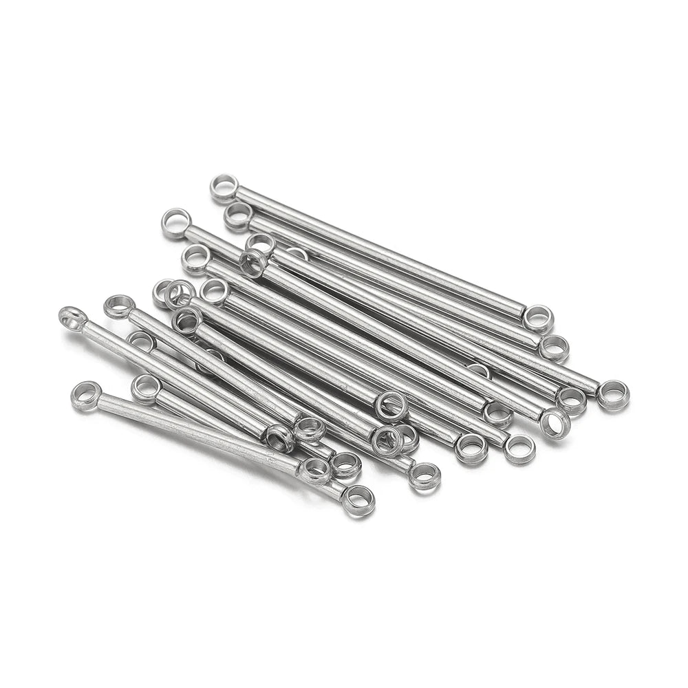 Silver stainless steel double-cylinder rod earring connectors with loop eyelets on both ends
