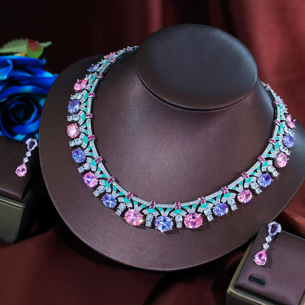 Handmade Multicolor CZ Crystal Jewelry Sets for Women Drop Earrings &Necklace Enamel Wedding Engagement Gift