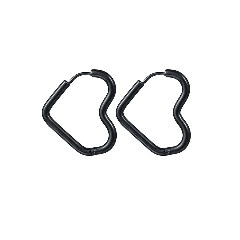 Black glossy heart-shaped hoop earrings with hinged clasp, stainless steel