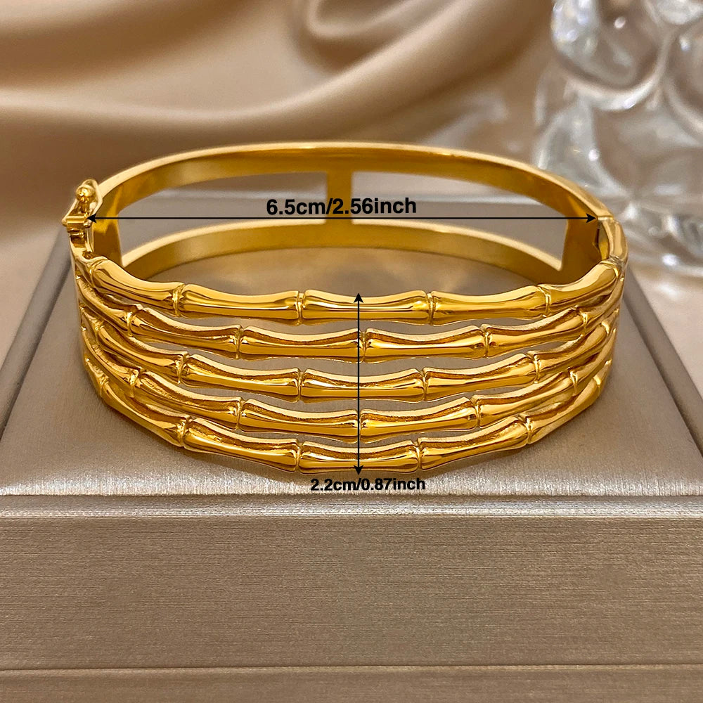 Unique Geometric Multilayer Bamboo Wide Bracelet Stylish Gold Plated Stainless Steel Cuff Bangle Bracelets Waterproof Jewelry
