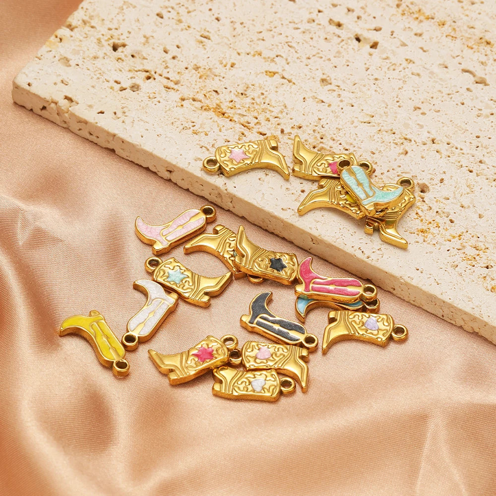 Gold-tone long boot charms with pink, blue, and multicolor inlaid details