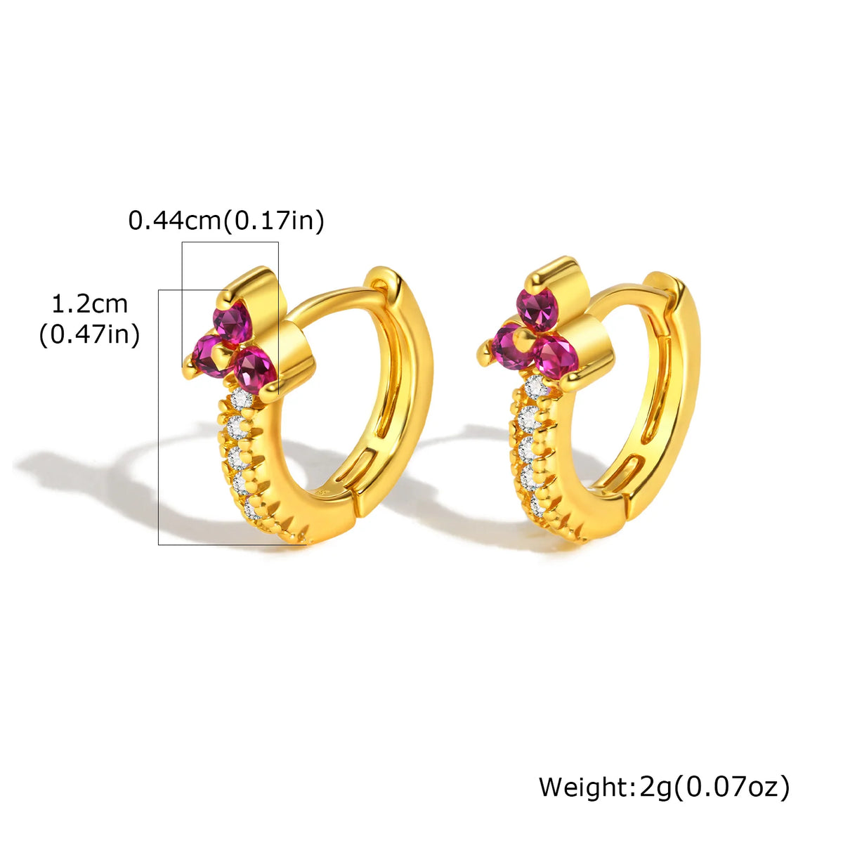 Gold-tone huggie hoop earrings with pink center stone and CZ band