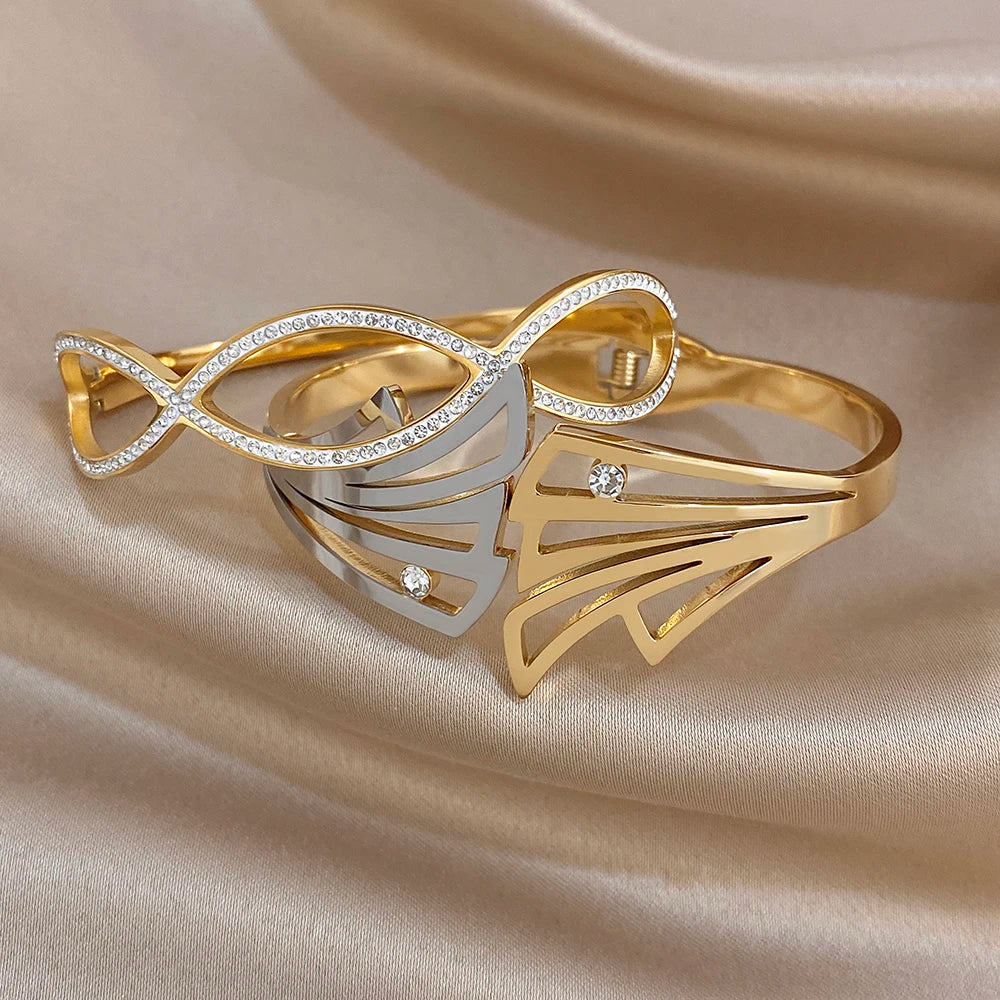 Irregular Gold Plated Stainless Steel Cuff Bangle for Women Exaggerated Geometric Zircon Wide Bracelets Waterproof Jewelry Set