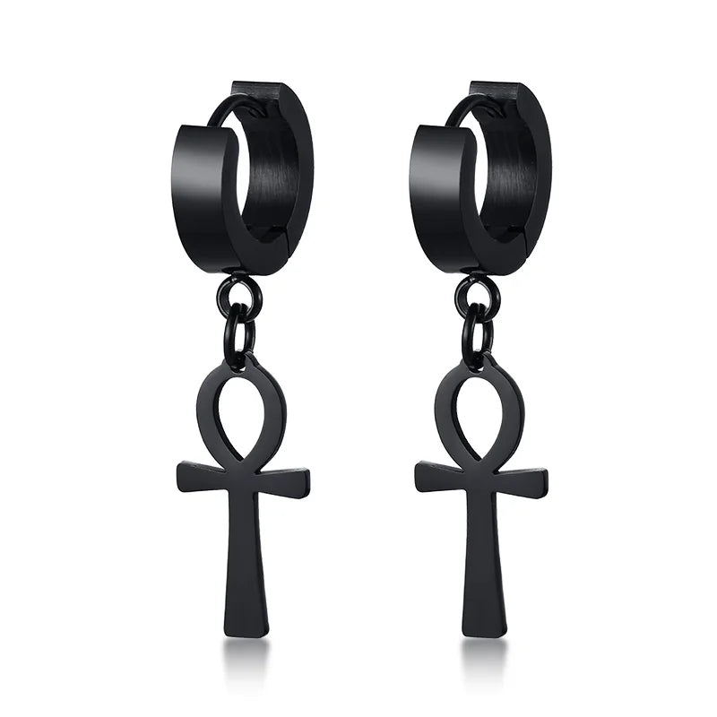 Black cross drop hoop earrings with circular charm and straight cross detail