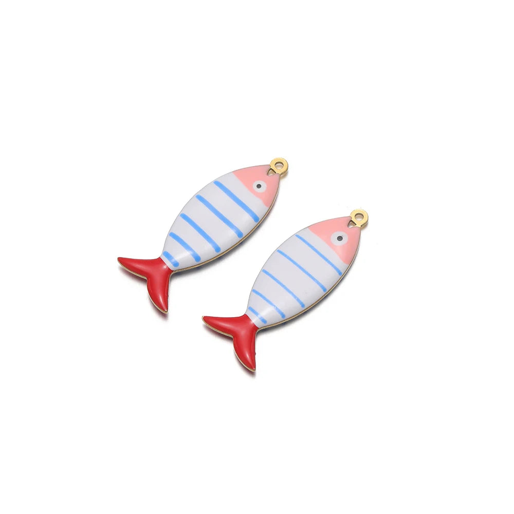 Enamel striped fish pendant charms, light blue stripes on white with gold loop
