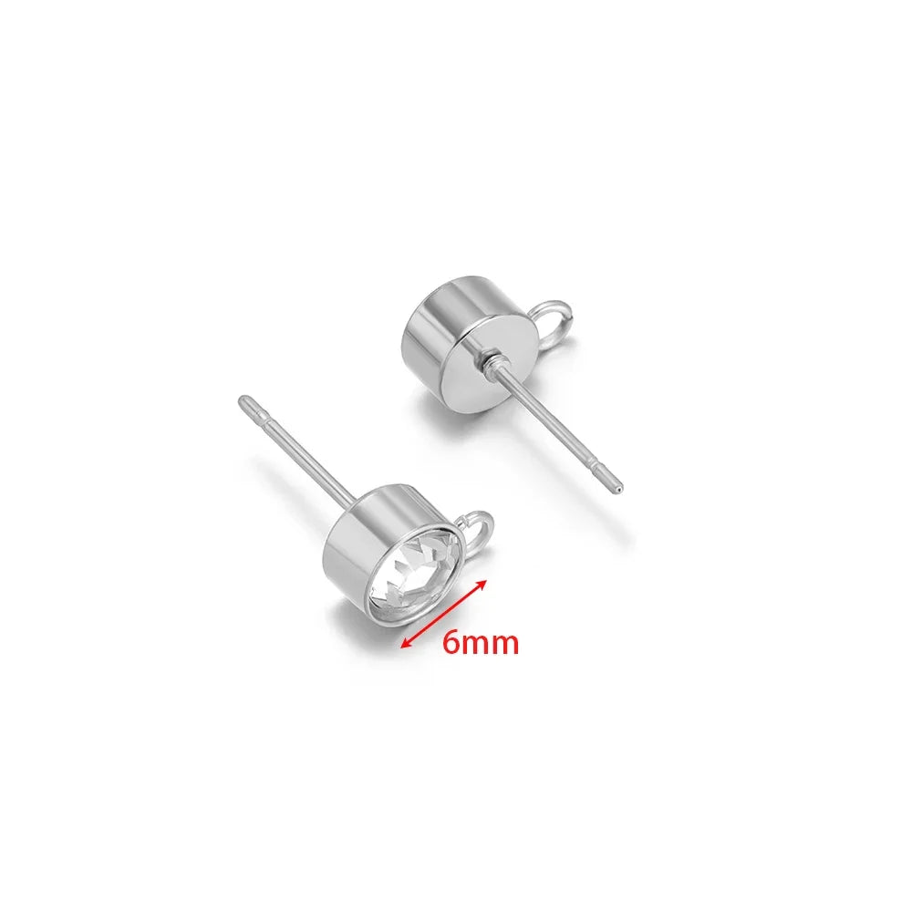 Silver-toned zircon stud earring posts with hook, 6mm clear round stones