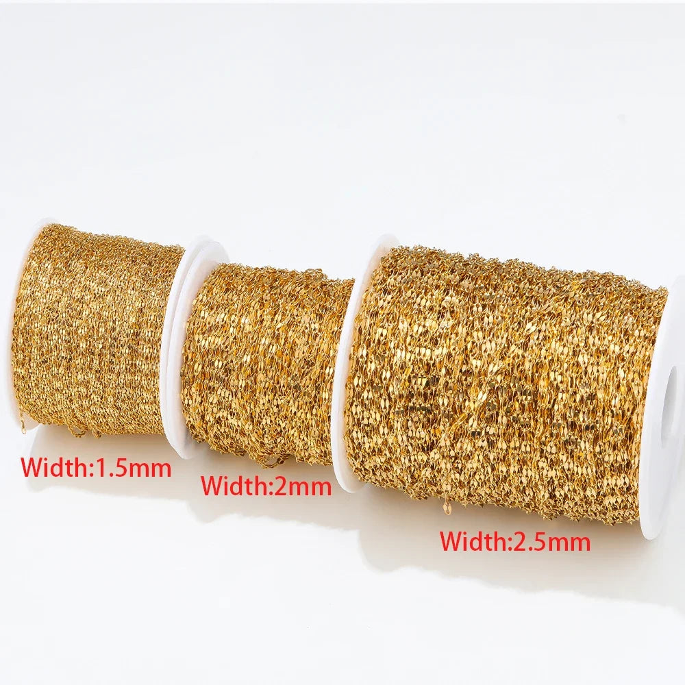 Gold flat oval cable chain spools, widths 1.5mm, 2mm, and 2.5mm
